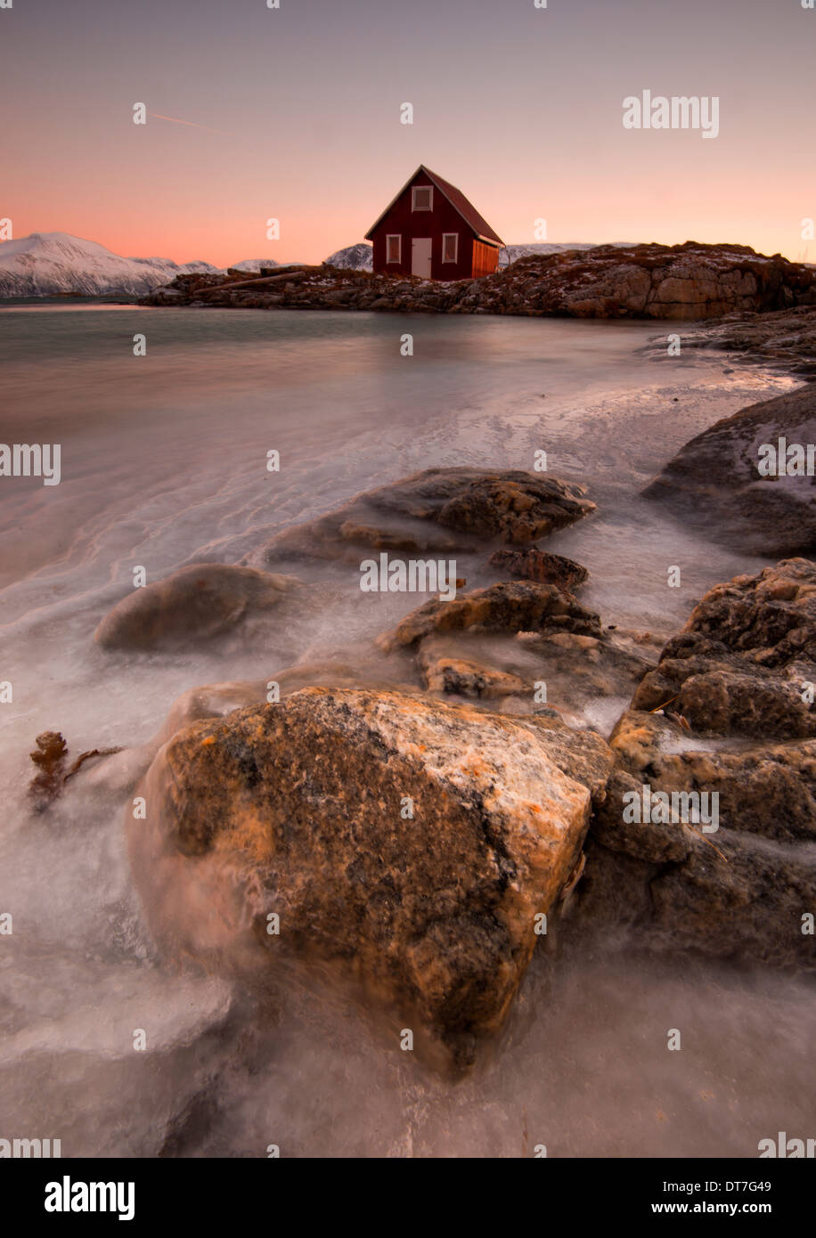 A boat house on the Island of Sommaroy, near Tromso in ...
