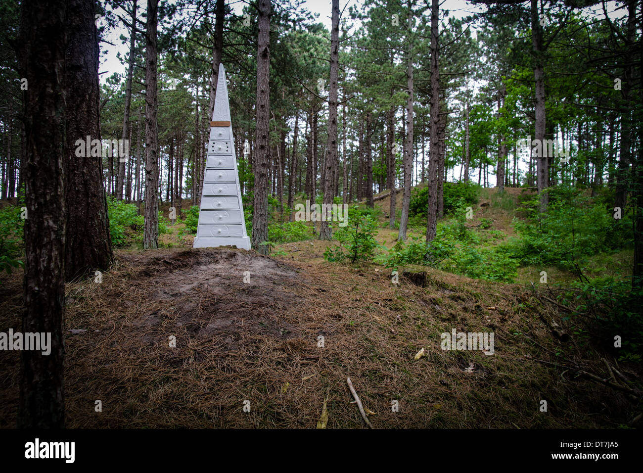 Art sculpture furniture in a forest installation at Oerol Festival Terschelling Netherlands Stock Photo