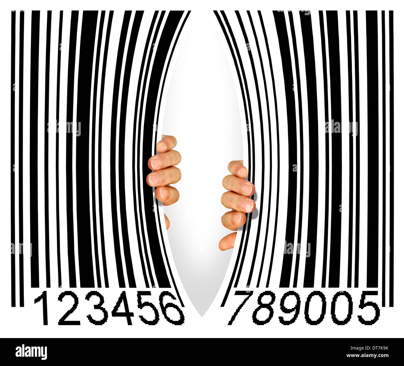 Big bar code torn apart in the middle by two hands - Consumerism concept Stock Photo