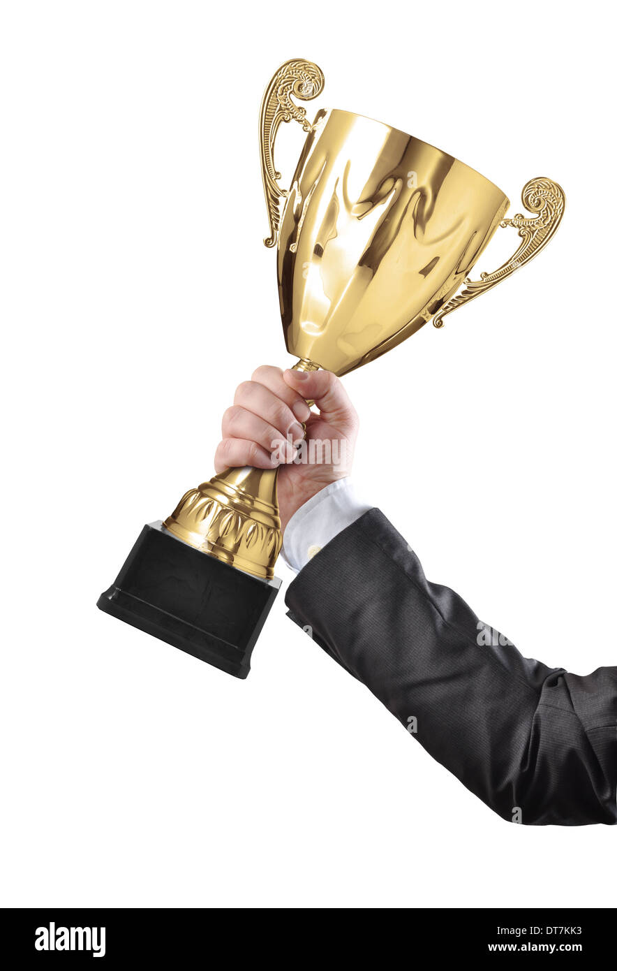 Businessman holding a champion golden trophy on white background Stock