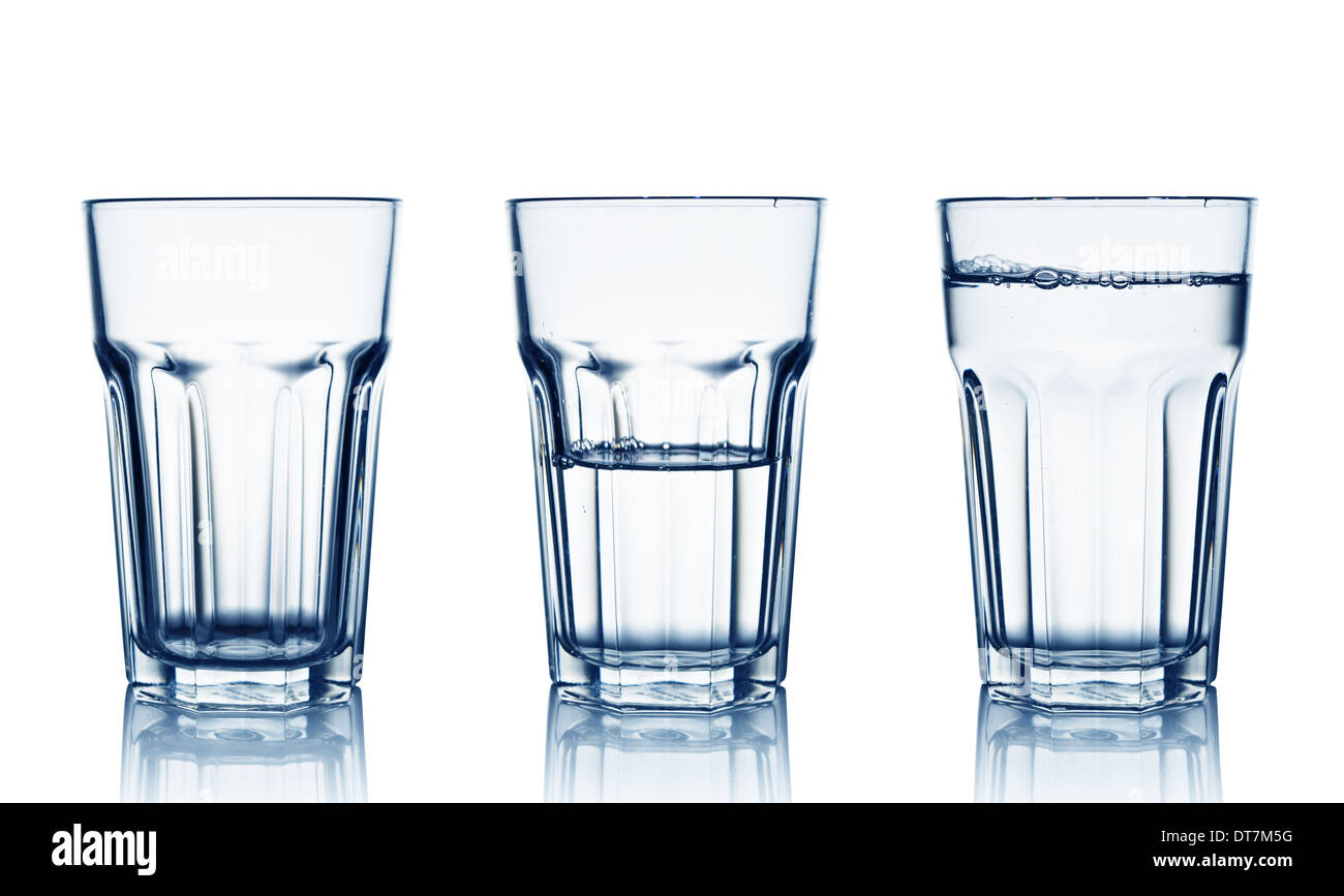 Isolated on white empty, half and full water glasses Stock Photo