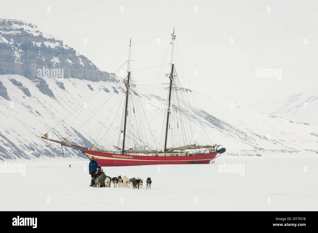 Dog sled team racing away from the Noorderlicht 'Ship in the Ice', Temple Fjord (Tempelfjorden), Spitsbergen, Svalbard Archipelago, Norway Stock Photo