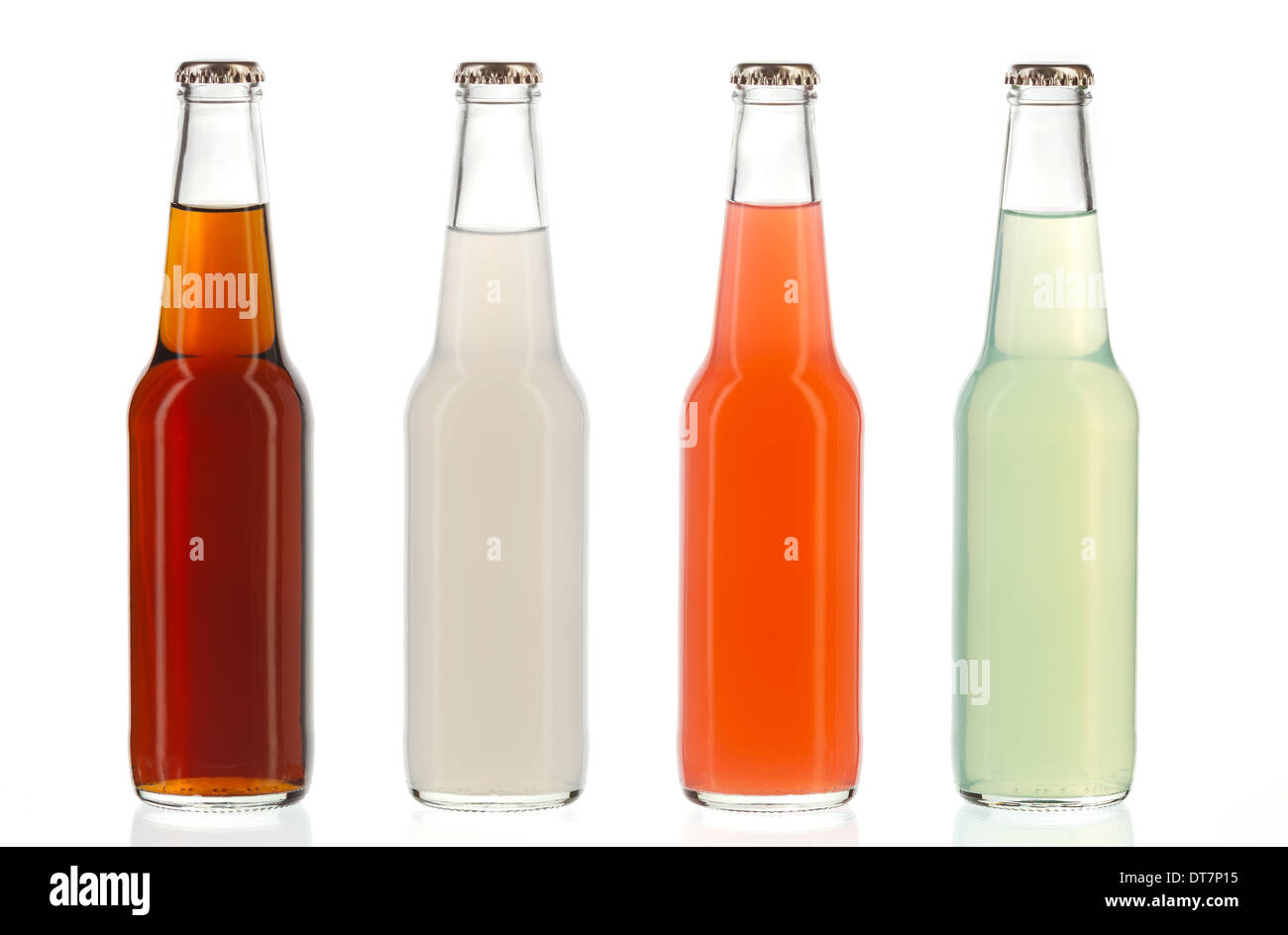 Four assorted soda bottles, non-alcoholic drinks Stock Photo