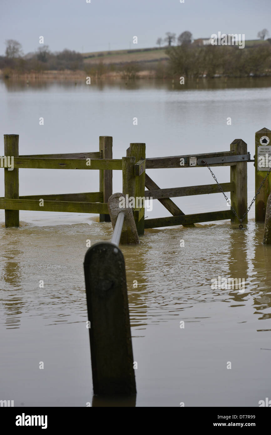 Stile on flooded footpath, Kings Sutton, Northamptonshire Stock Photo