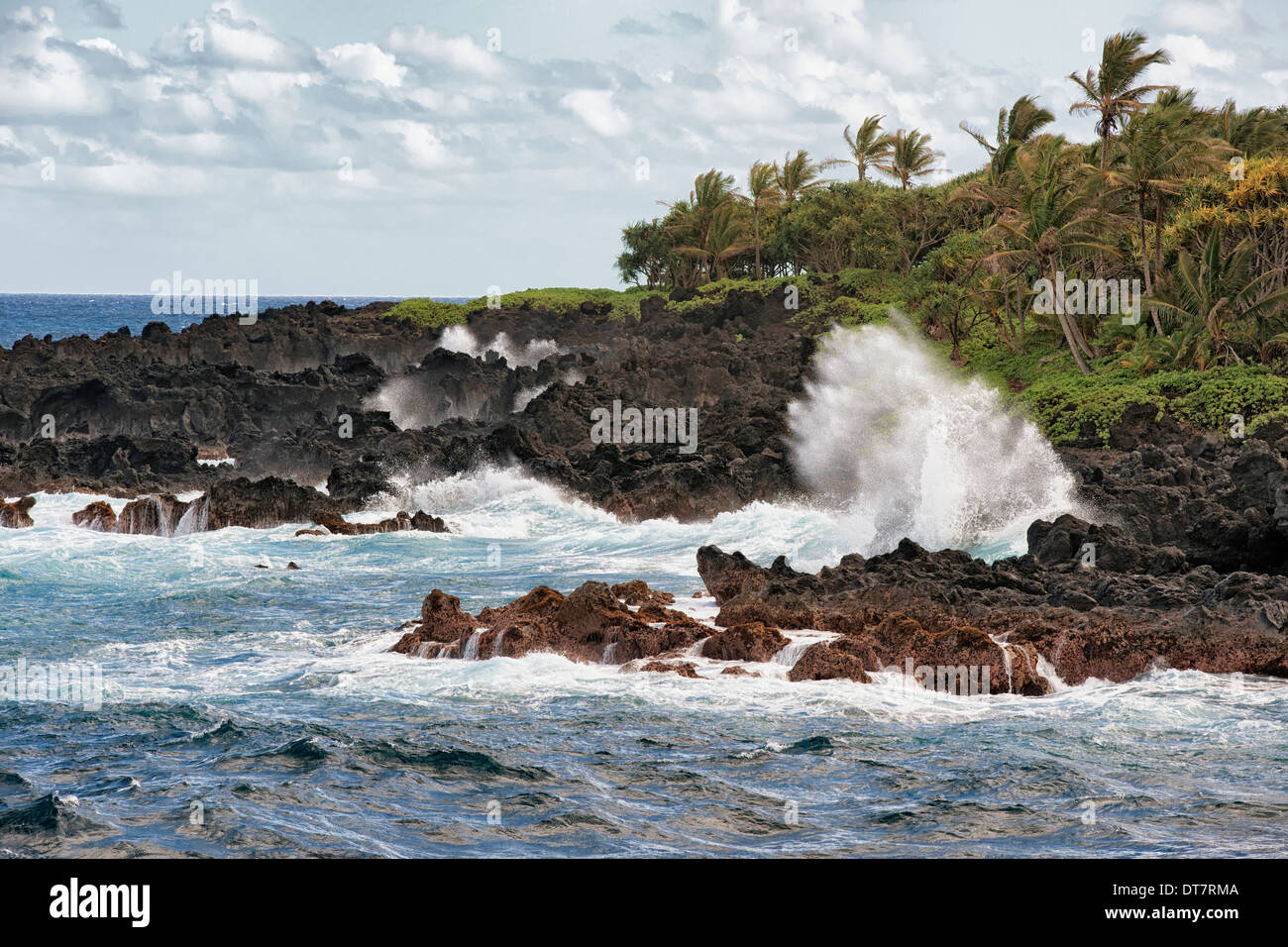 Waves crash against the lava shoreline at Waianapanapa State Park on Hawaii’s island of Maui. Stock Photo