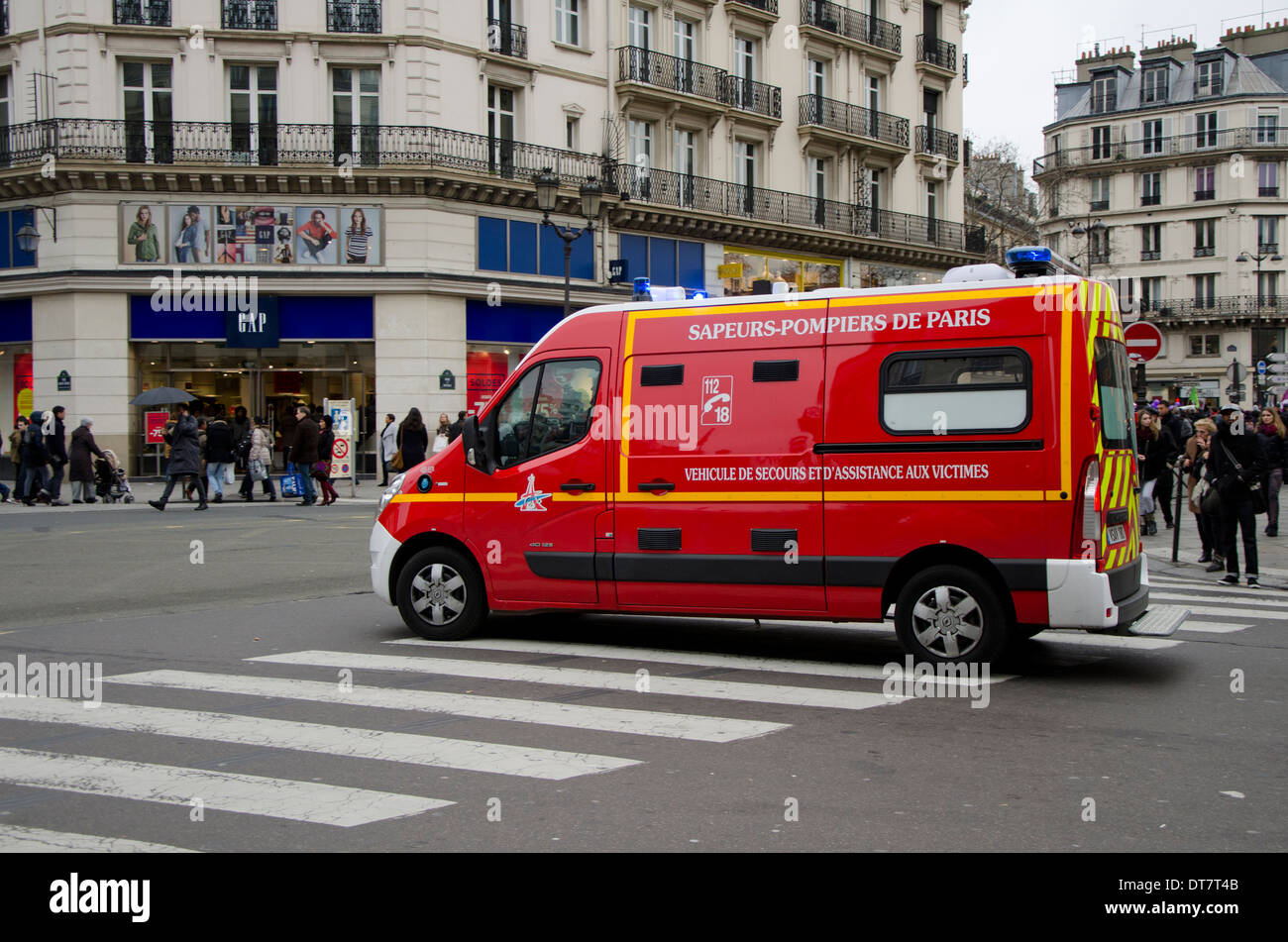 Ambulance van of the fire brigade in the streets of Paris, France. Stock Photo
