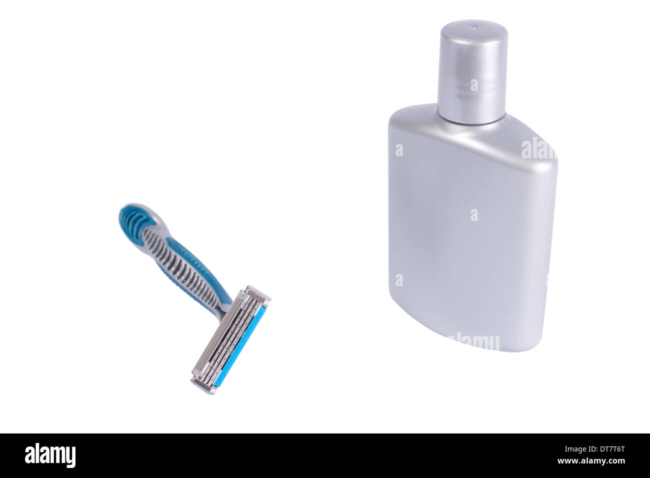 Razor and one plastic bottle isolated on white with clipping path Stock Photo