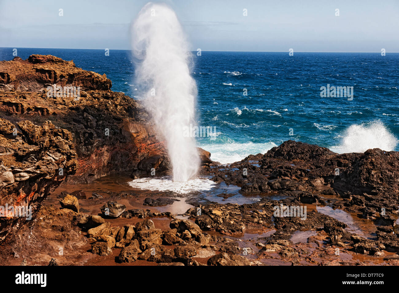 The Pacific Ocean erupts out of the volcanic formed Nakalele Blowhole on Hawaii’s island of Maui. Stock Photo