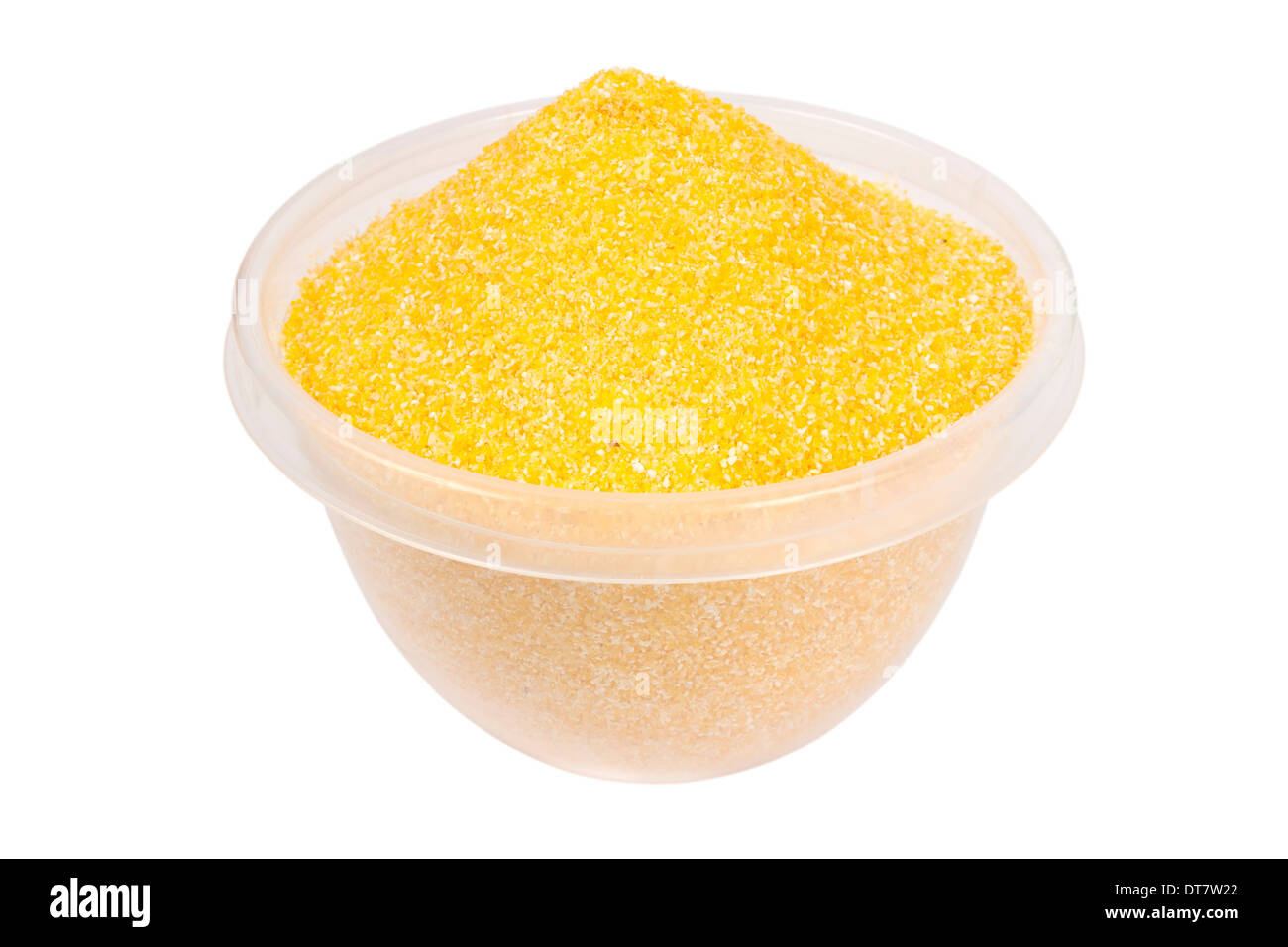 Corn flour in a plastic bowl, isolated on white background Stock Photo