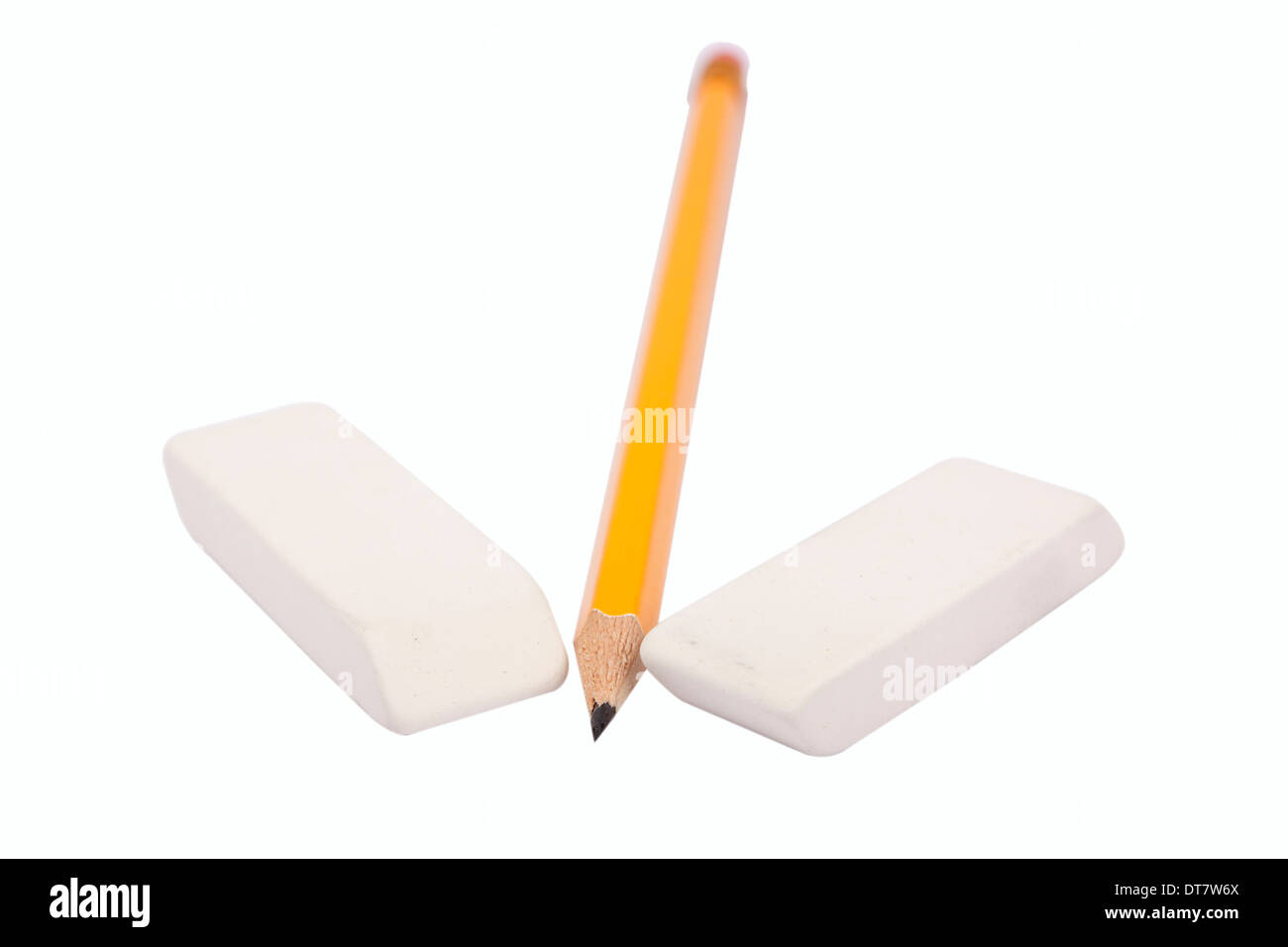 One pencil and two erasers isolated on white background Stock Photo Alamy