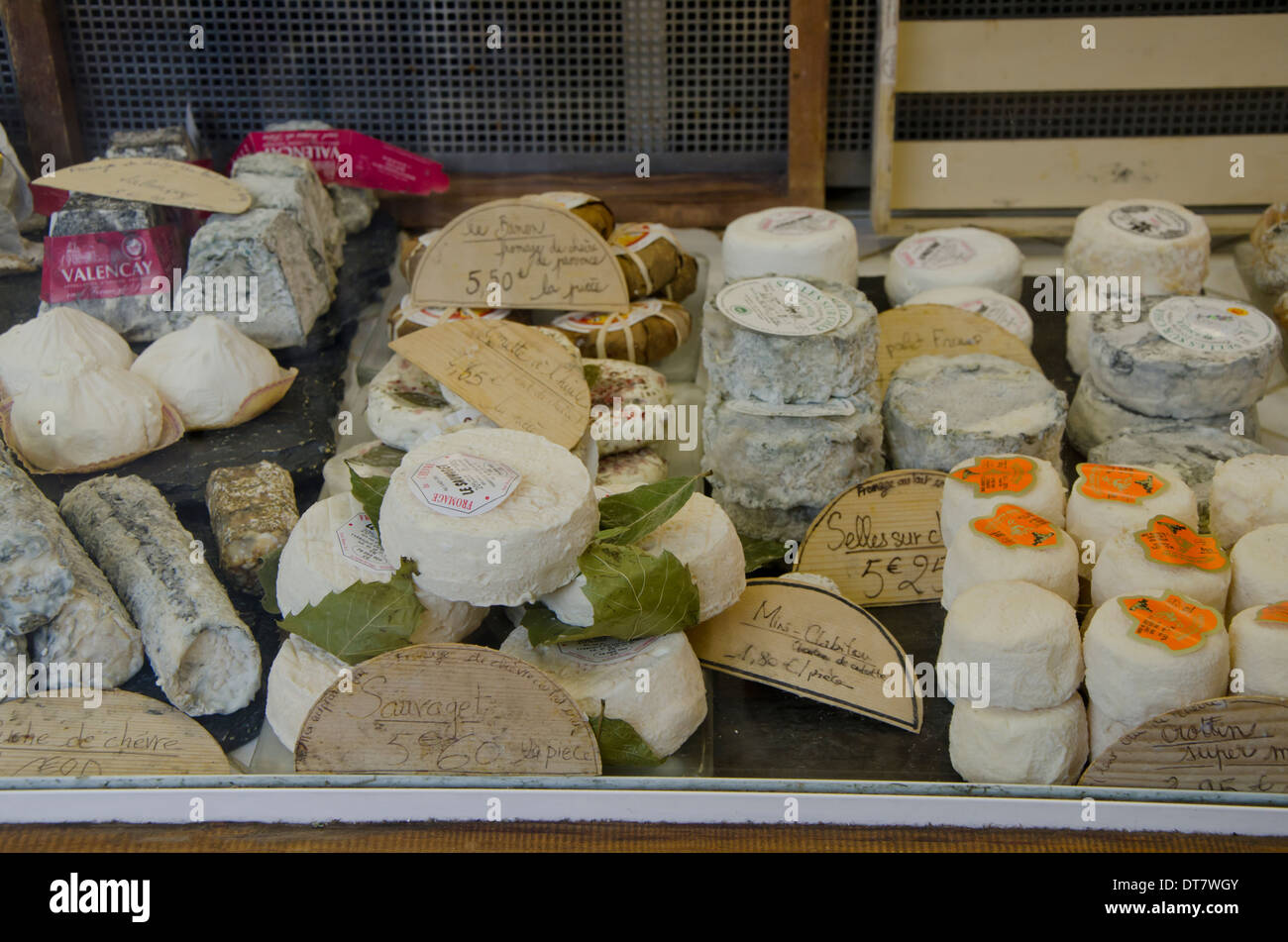 Different french cheeses on display in cheese shop. Paris, France Stock