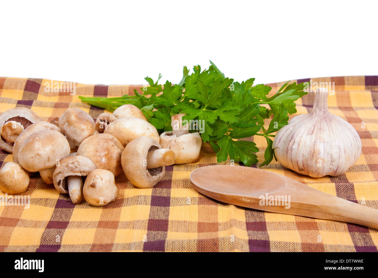 Some mushrooms and garlic with parsley isolated on white background Stock Photo