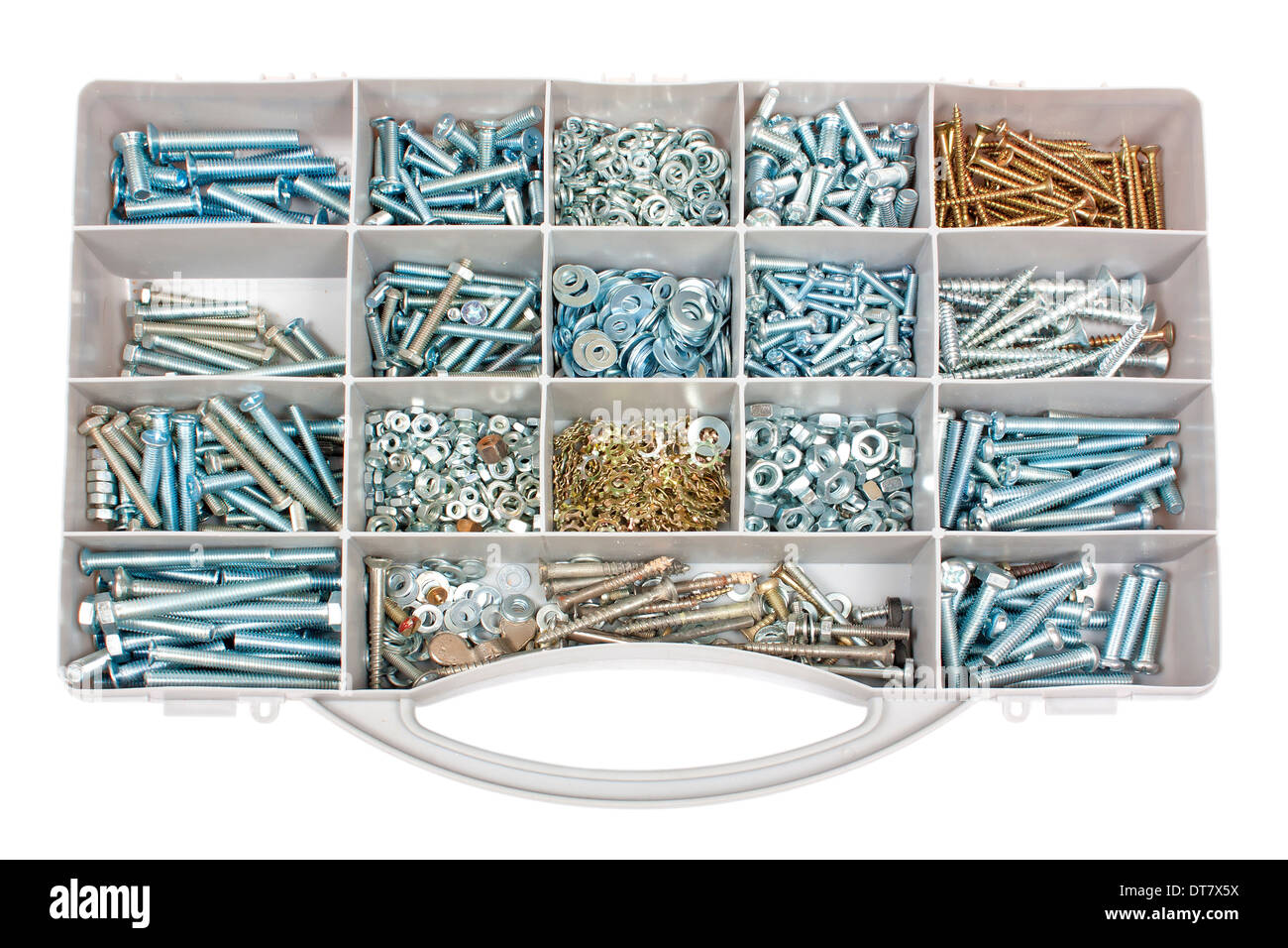 Organizer with several nuts and screws of different sizes isolated on white background Stock Photo
