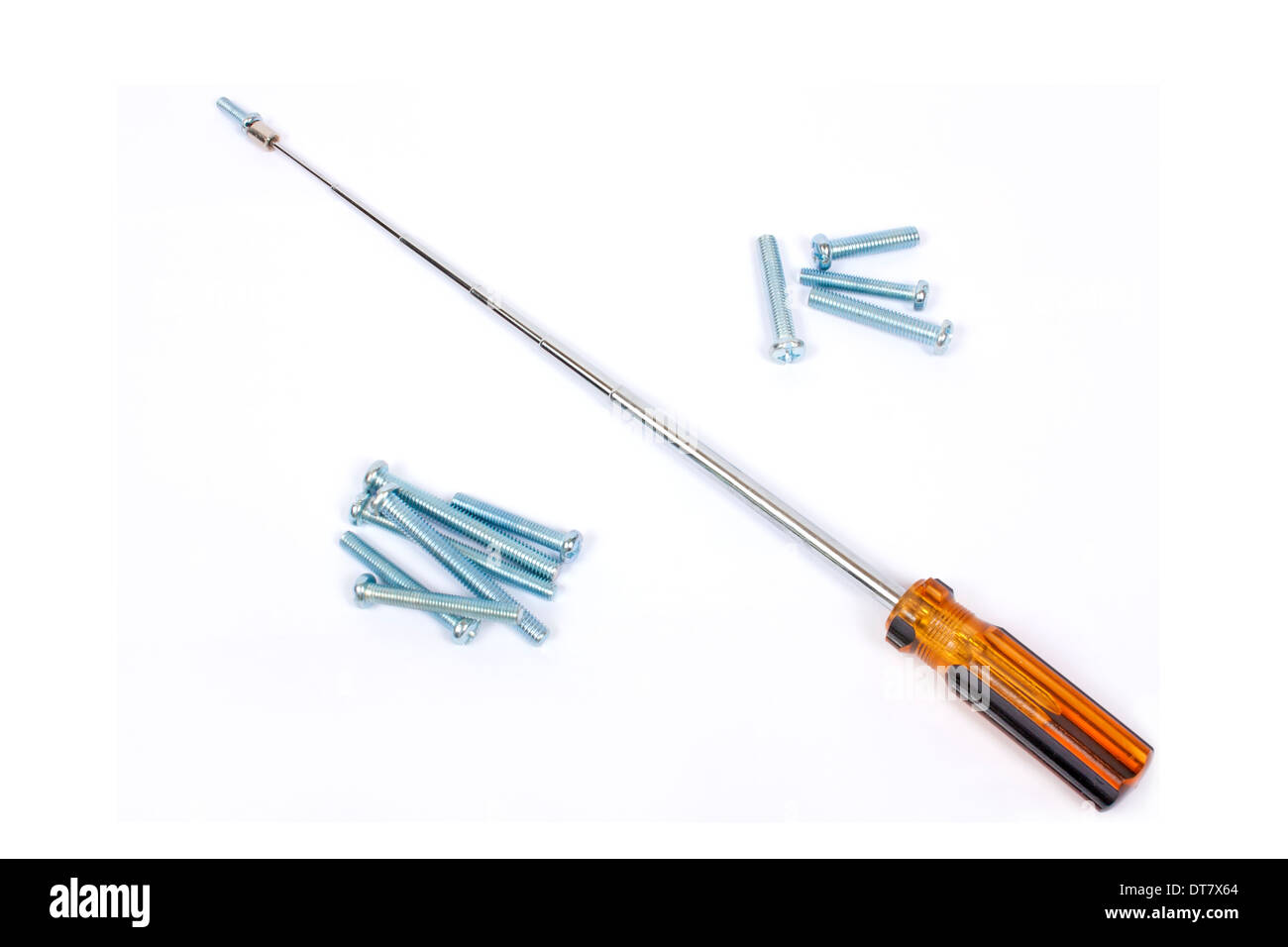 Telescopic magnetic tool for screws over white background Stock Photo