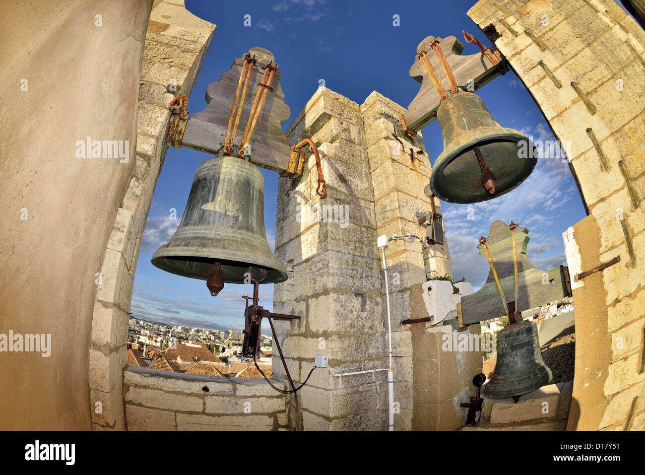 Portugal, Algarve, Faro, Cathedral, Se Catedral, Cathedral of Faro, bell tower, three bells, medieval, middle-aged, travel, tourism, sightseeing, catholic church, panoramic view, Nikon fisheye lens, 16mm, travel destinies in Portugal, verbal authorized, ci Stock Photo