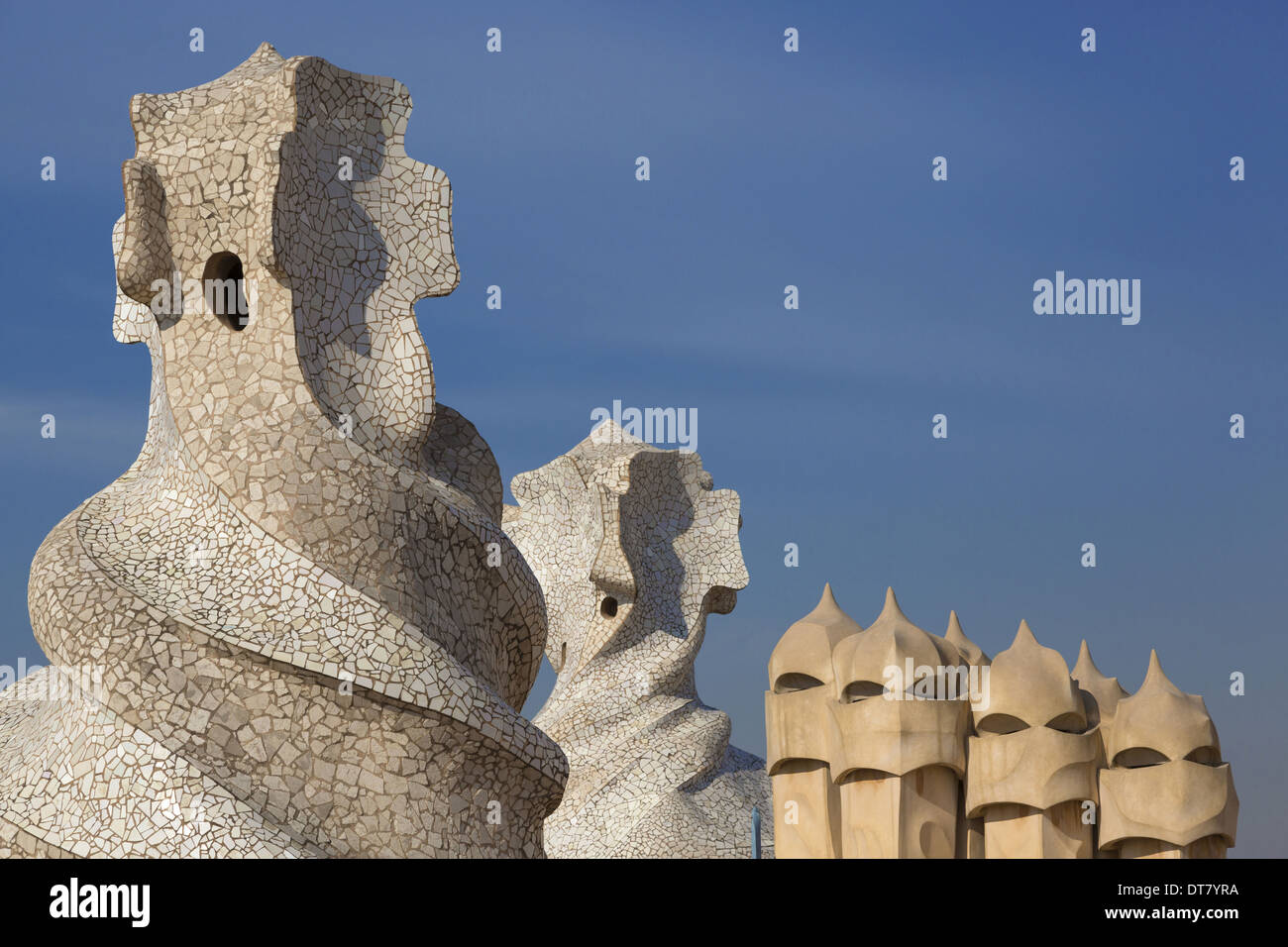 Sculptures on roof of building designed by architect Antoni Gaudi, Casa ...