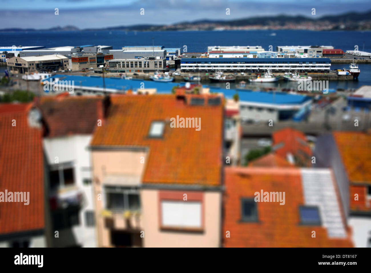 Tilt-shift - View of the Port of Vigo and Ria de Vigo - Paseo de Alfonso XII - Vigo - Pontevedra - Galicia - Spain Stock Photo