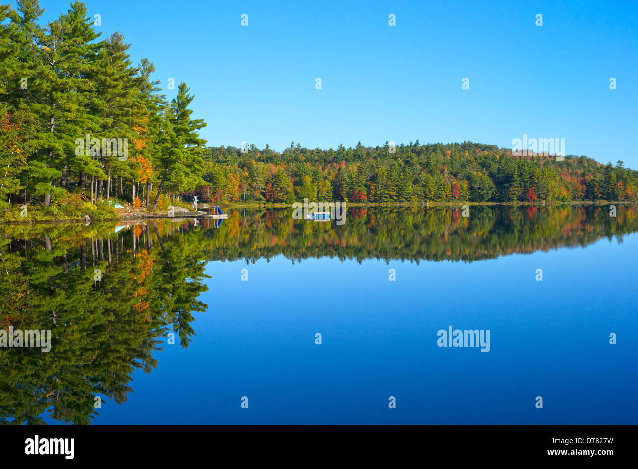 The reflection of a forest of fall foliage on Sanborn Pond in Morrill