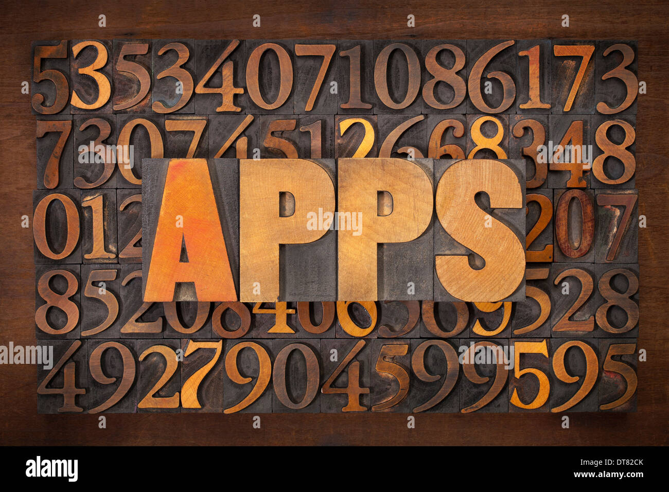 apps (applications) word in vintage letterpress wood type against number background - software concept Stock Photo