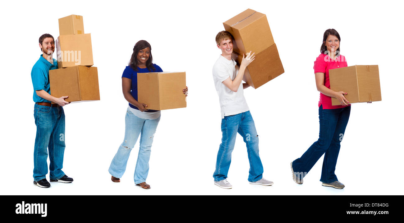 A group of college students and friends carrying moving boxes on a white background Stock Photo
