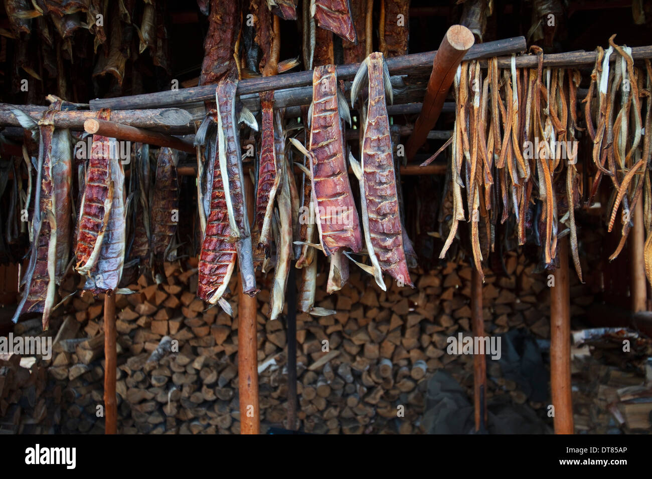 Fish drying in a smoke house Stock Photo Alamy