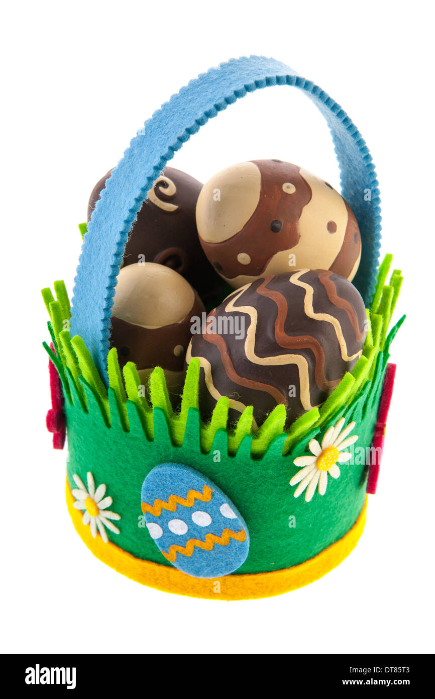 Felting basket full chocolate easter eggs isolated over white background Stock Photo