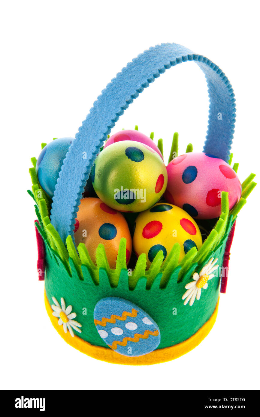 Felting basket full colorful easter eggs isolated over white background Stock Photo