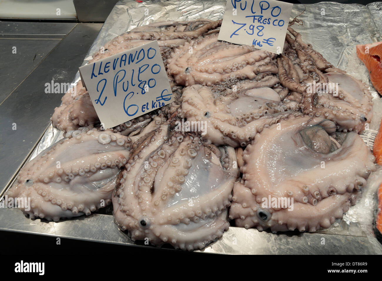 Pulpo (octopus) on sale in the Mercado Centra fish market, Cadiz, Andalusia, Spain. Stock Photo
