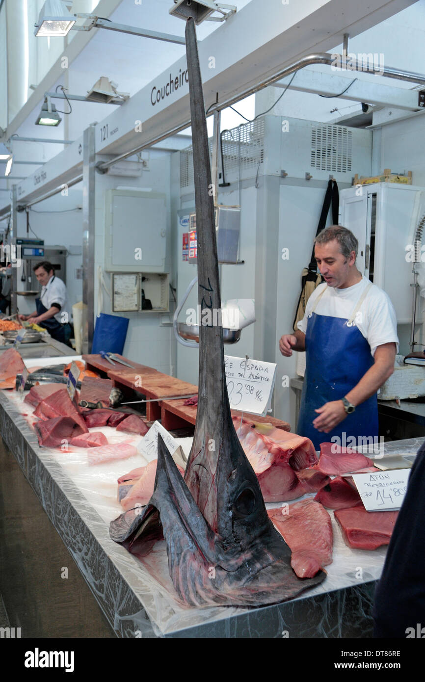 The head of a Pez espada (swordfish) in the Mercado Centra fish market, Cadiz, Andalusia, Spain. Stock Photo