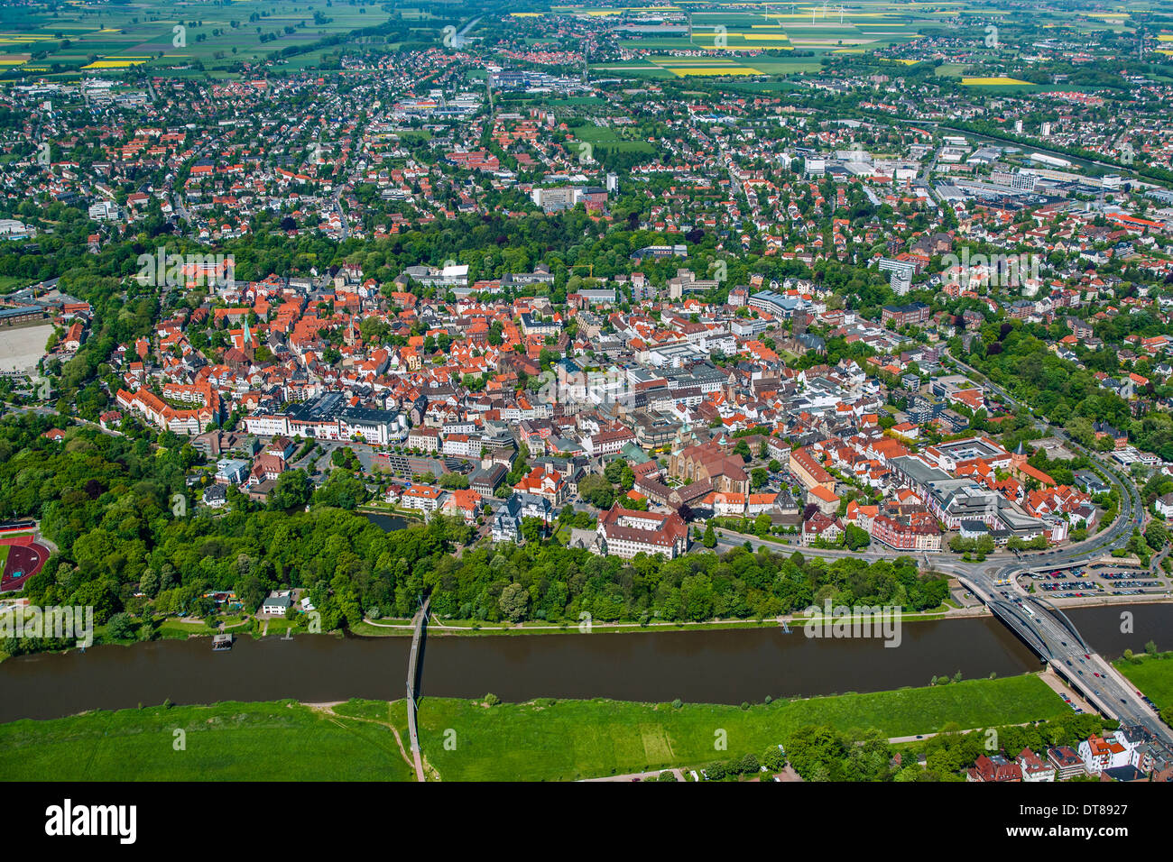 Germany, North-Rhine-Westphalia, aerial view of the Weser Renaissance style town of Minden with River Weser Stock Photo