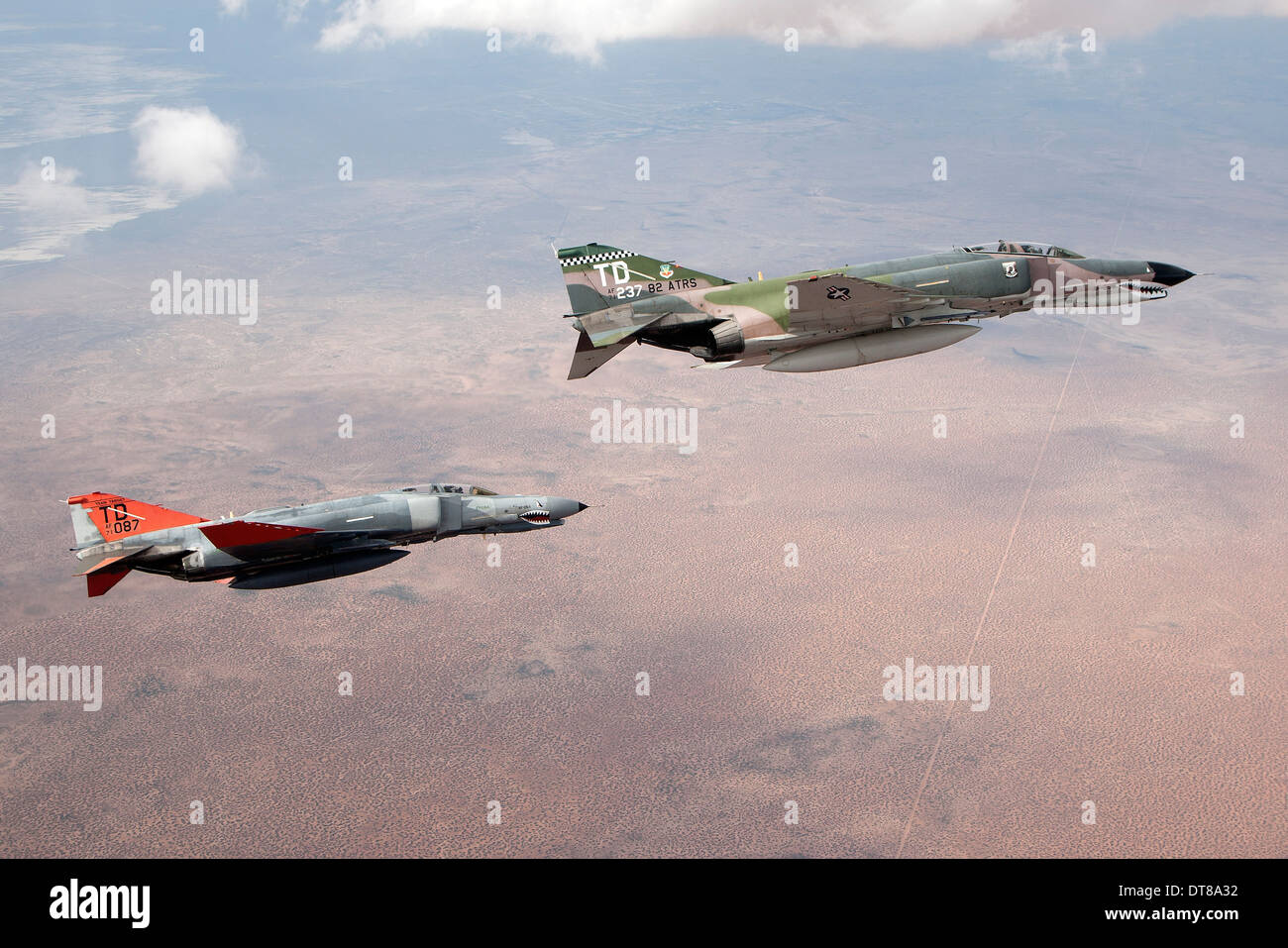 Two QF-4E Phantom II drones in formation over the New Mexico desert, south of Holloman Air Force Base. Stock Photo