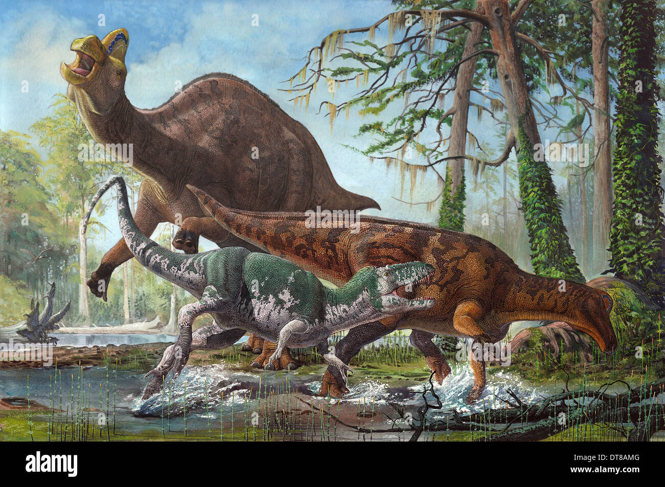 Labocania attacking a Magnapaulia. The tyrannosaurid stumbled and fell, allowing the lambeosaurine to escape. Stock Photo