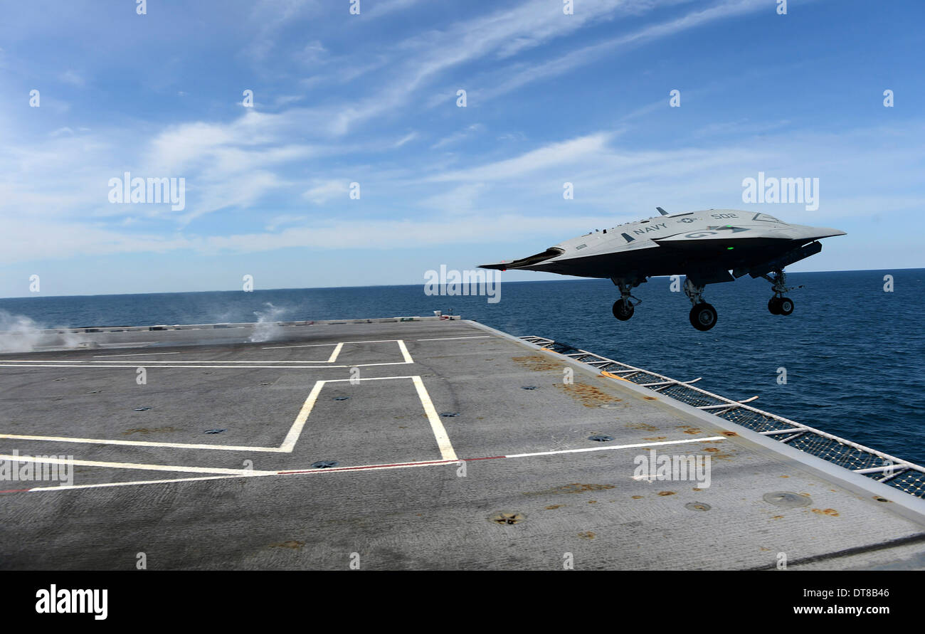 An X-47B Unmanned Combat Air System launches from USS George H.W. Bush. Stock Photo