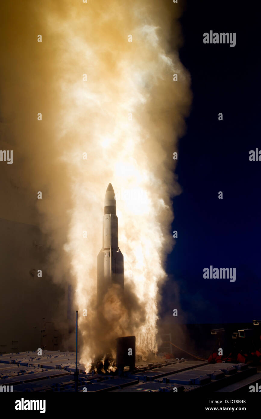 A Standard Missile-3 is launched from USS Lake Erie. Stock Photo