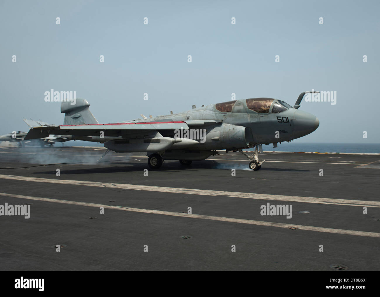 Gulf of Oman, June 15, 2013 - An EA-6B Prowler lands on the flight deck of the aircraft carrier USS Nimitz. Stock Photo