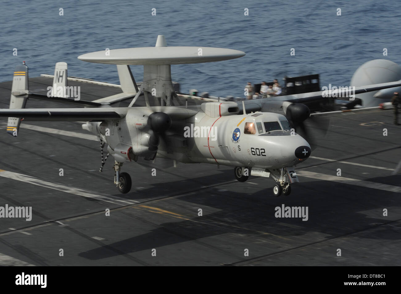 Gulf of Oman, June 29, 2013 - An E-2C Hawkeye lands aboard the aircraft carrier USS Nimitz. Stock Photo