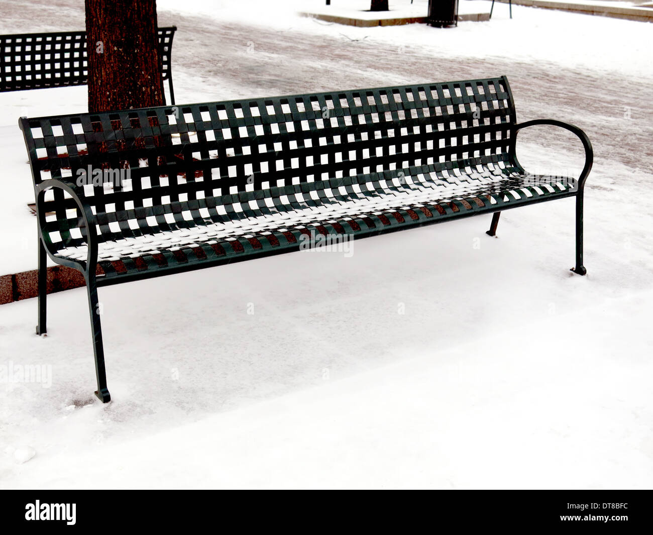 Benches At A City Park On A Snowy Afternoon In Atlanta Stock Photo