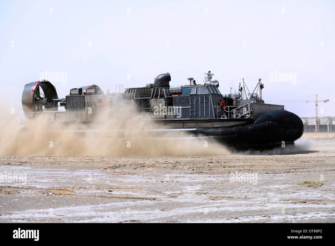 An air-cushion landing craft approaches the shore of Camp Al-Galail, Qatar. Stock Photo