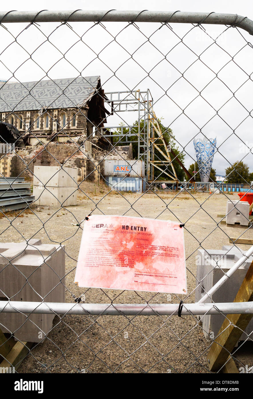 February 2014. Christchurch Cathedral, New Zealand damaged by February 2011 earthquake, with a red CERA No Entry notice. Stock Photo