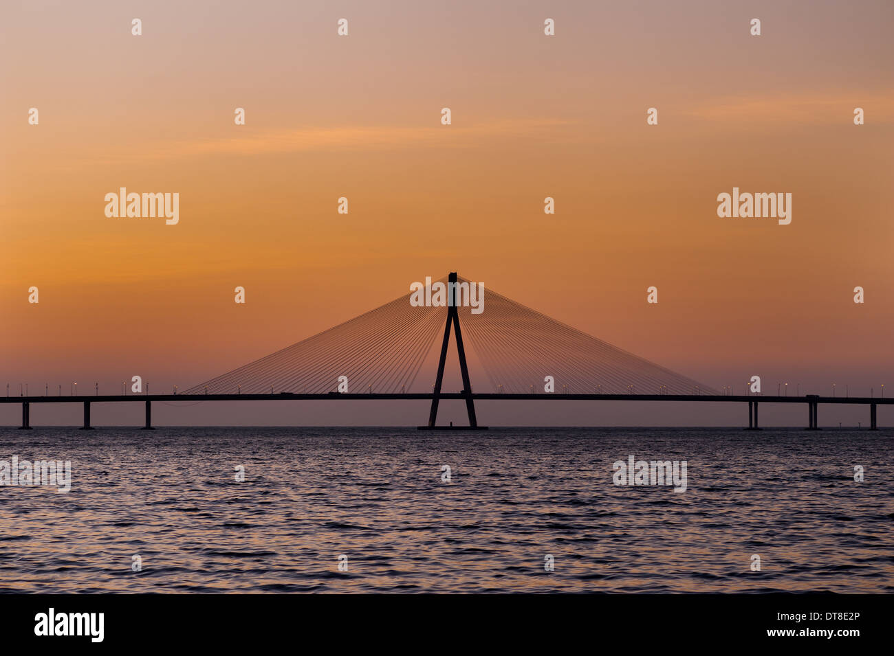 Evening sunset view of the main span of Bandra Worli Sea Link bridge. A testament to India's technological development. Stock Photo