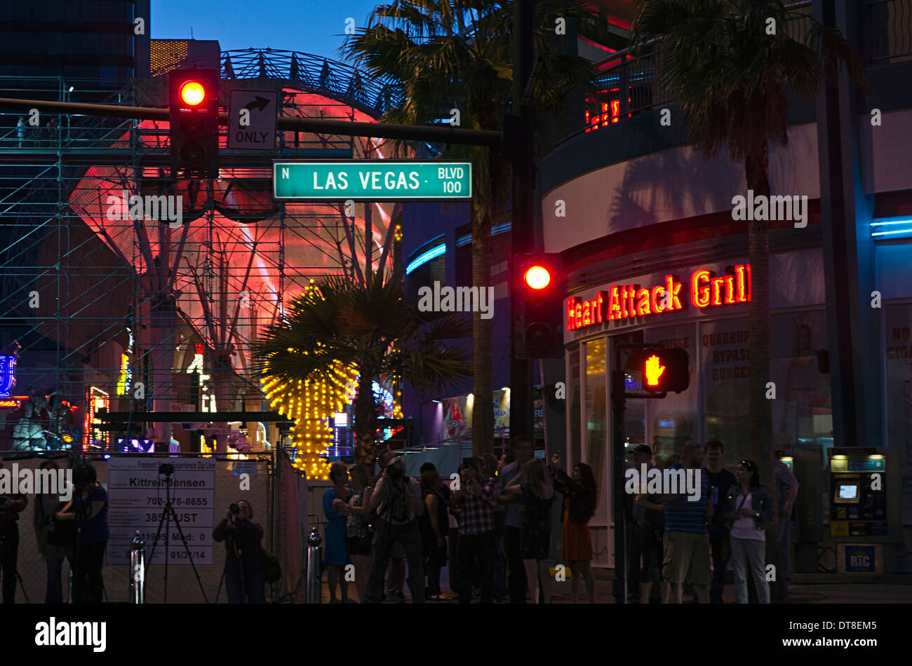 Fremont Street in Las Vegas, Nevada. A street festival amid the bright neon signs. People walking enjoying the sights Stock Photo