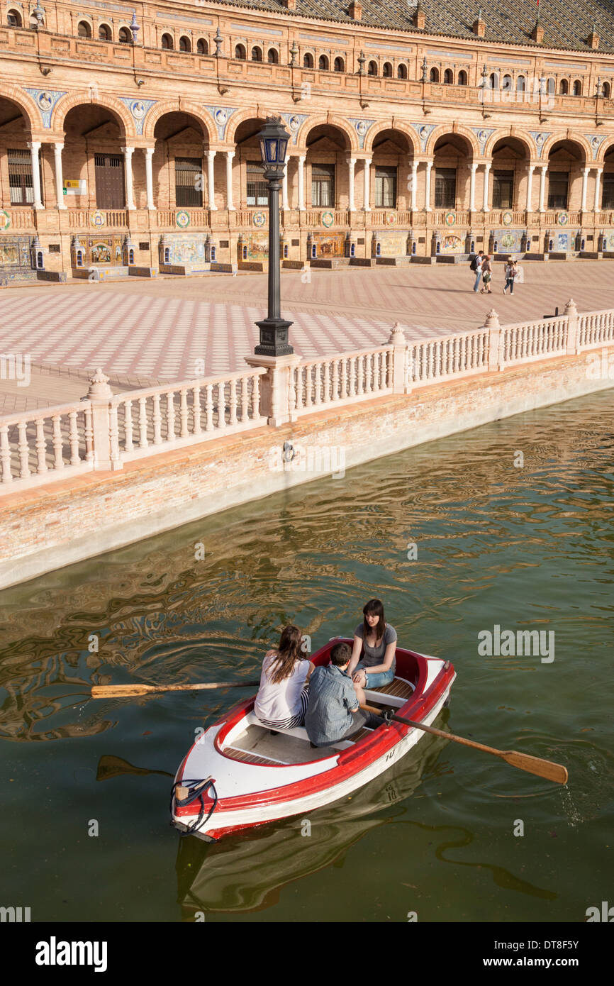 Boating lake, Plaza de Espana in Maria Luisa park in Seville, Andalusia, Spain Stock Photo