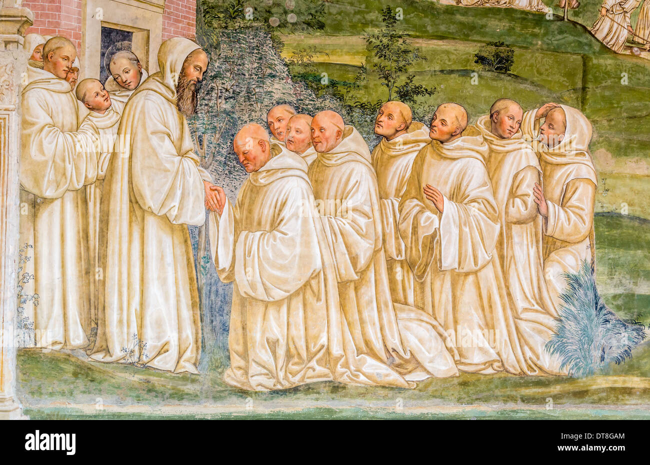 Life of St. Benedict, fresco by Sodoma, picture 14, Cloister of Abbazia di Monte Oliveto Maggiore Abbey, Tuscany, Italy Stock Photo