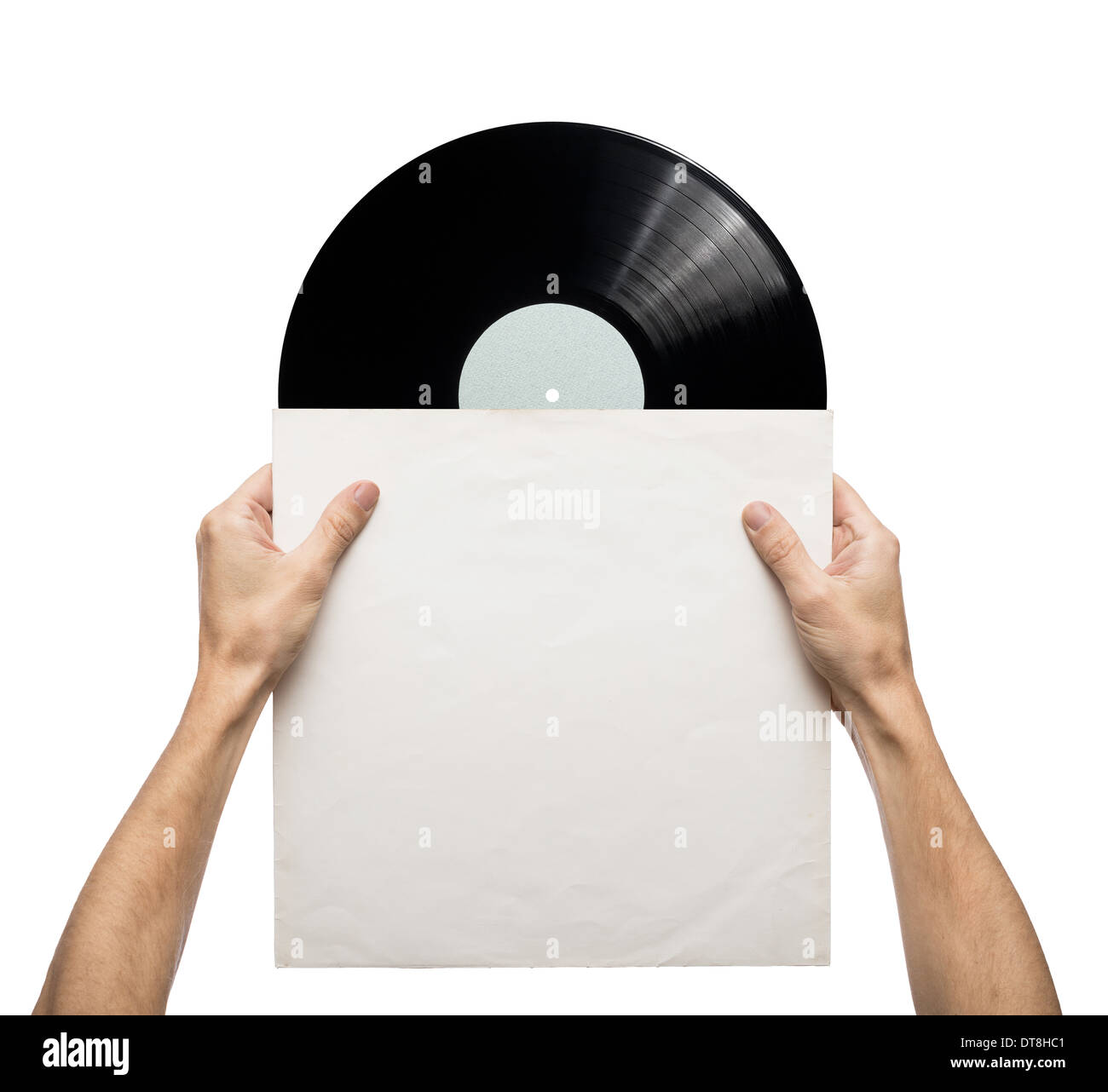 Hands holding vinyl record in a paper case Stock Photo