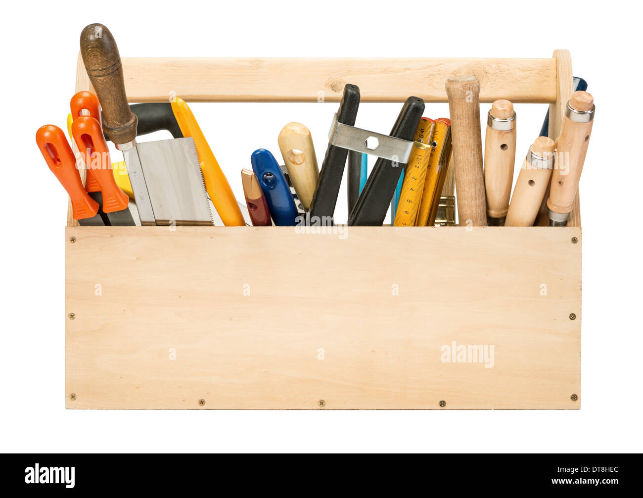 Wooden toolbox with tools isolated on white Stock Photo