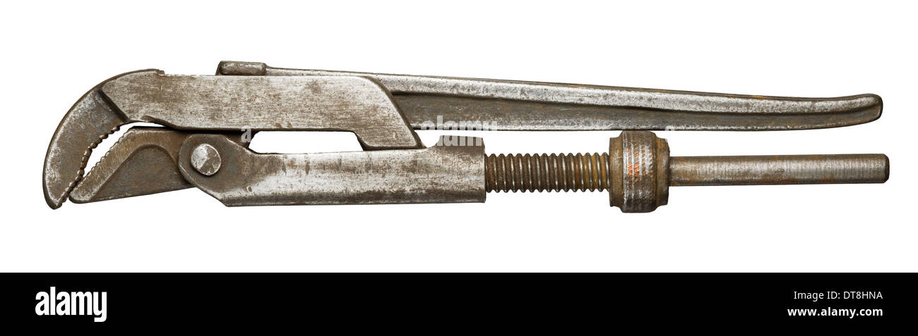Old rusty adjustable wrench, isolated. Stock Photo