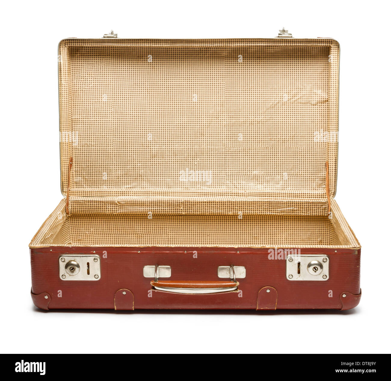 Aprire la valigia vintage con etichetta su sfondo bianco Foto stock - Alamy