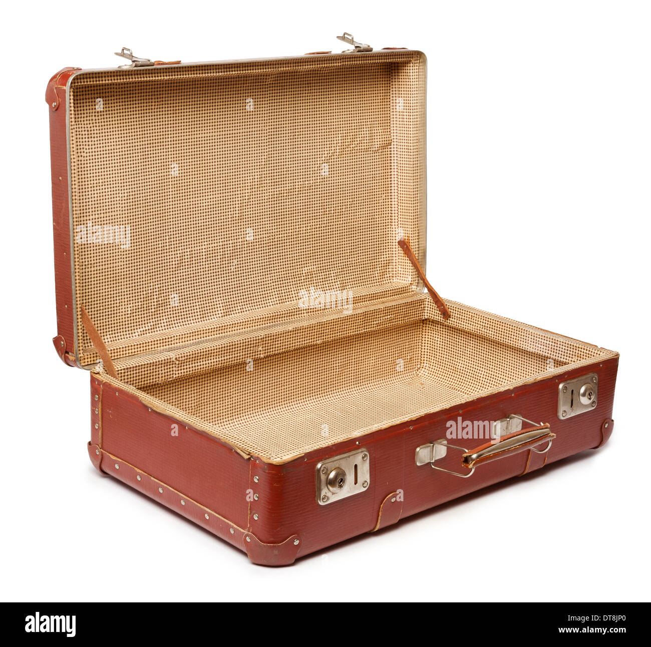 Empty vintage open suitcase on white background Stock Photo