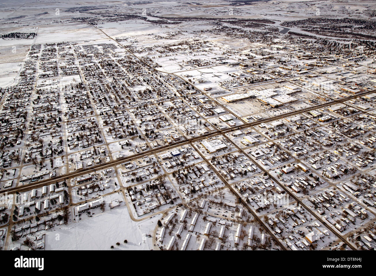 Aerial view of the frozen plains of Montana as an unusually bitter winter grips the midwest February 7, 2014 in Great Falls, Montana. Stock Photo