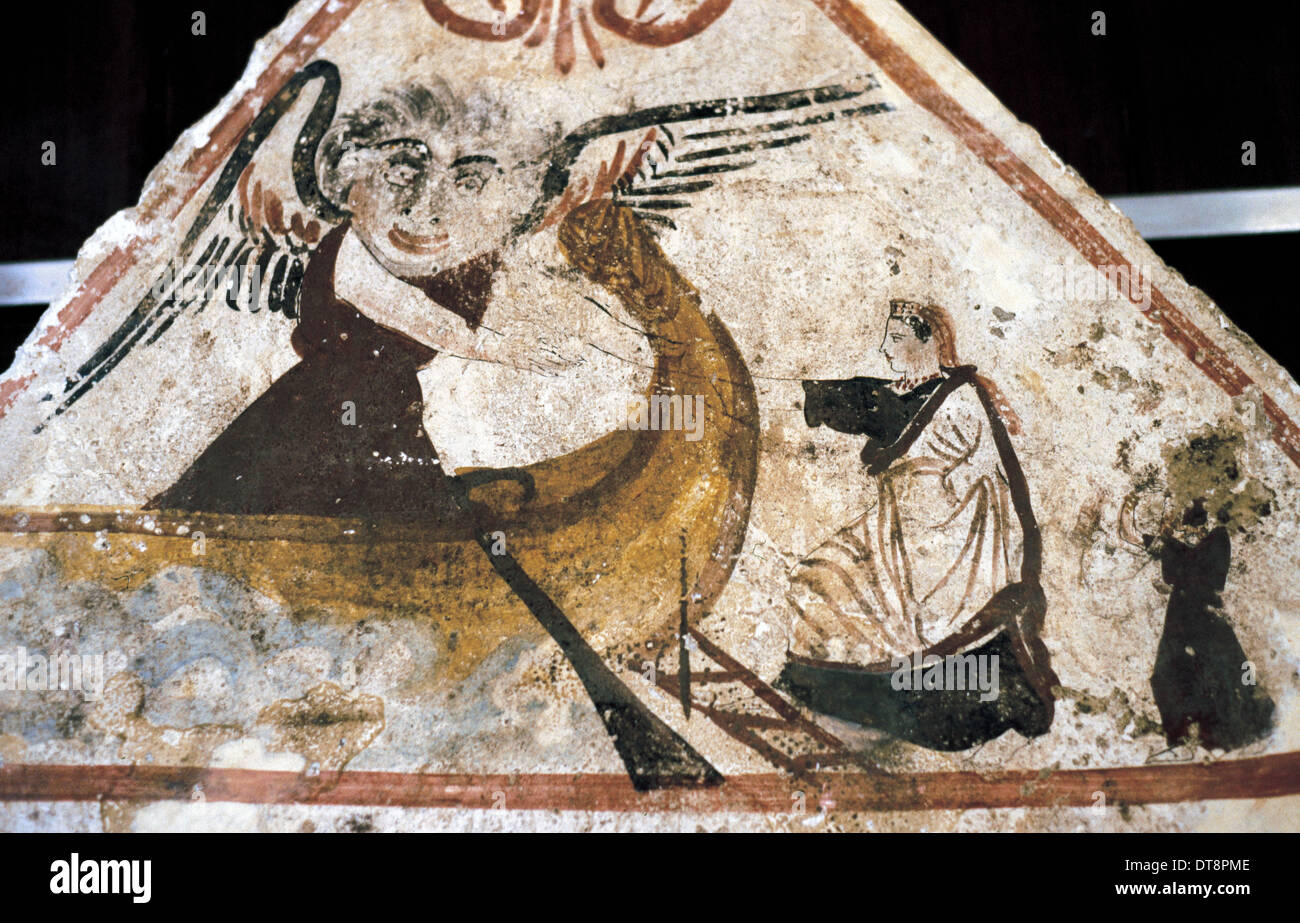 Greek Art. Painted Lucanian tombstone depicting the ferryman Charon crossing the souls across the rivers Styx and Acheron. Stock Photo